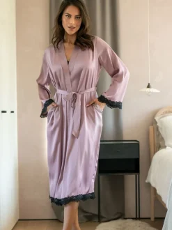 Pour Moi Purple Dusk Satin and Lace Kimono Sleeve Dressing Gown
