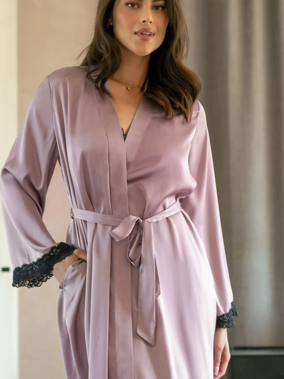 Pour Moi Purple Dusk Satin and Lace Kimono Sleeve Dressing Gown