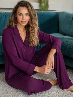 Pour Moi Purple Jersey Button Through Cuban Collar Pyjamas Set