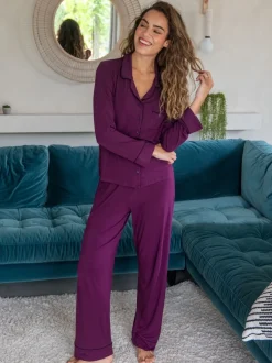 Pour Moi Purple Jersey Button Through Cuban Collar Pyjamas Set