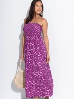 Pour Moi Purple Spot Strapless Shirred Bodice Woven Maxi Beach Dress