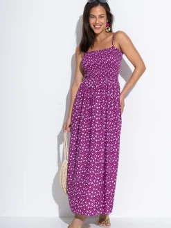 Pour Moi Purple Spot Strapless Shirred Bodice Woven Maxi Beach Dress