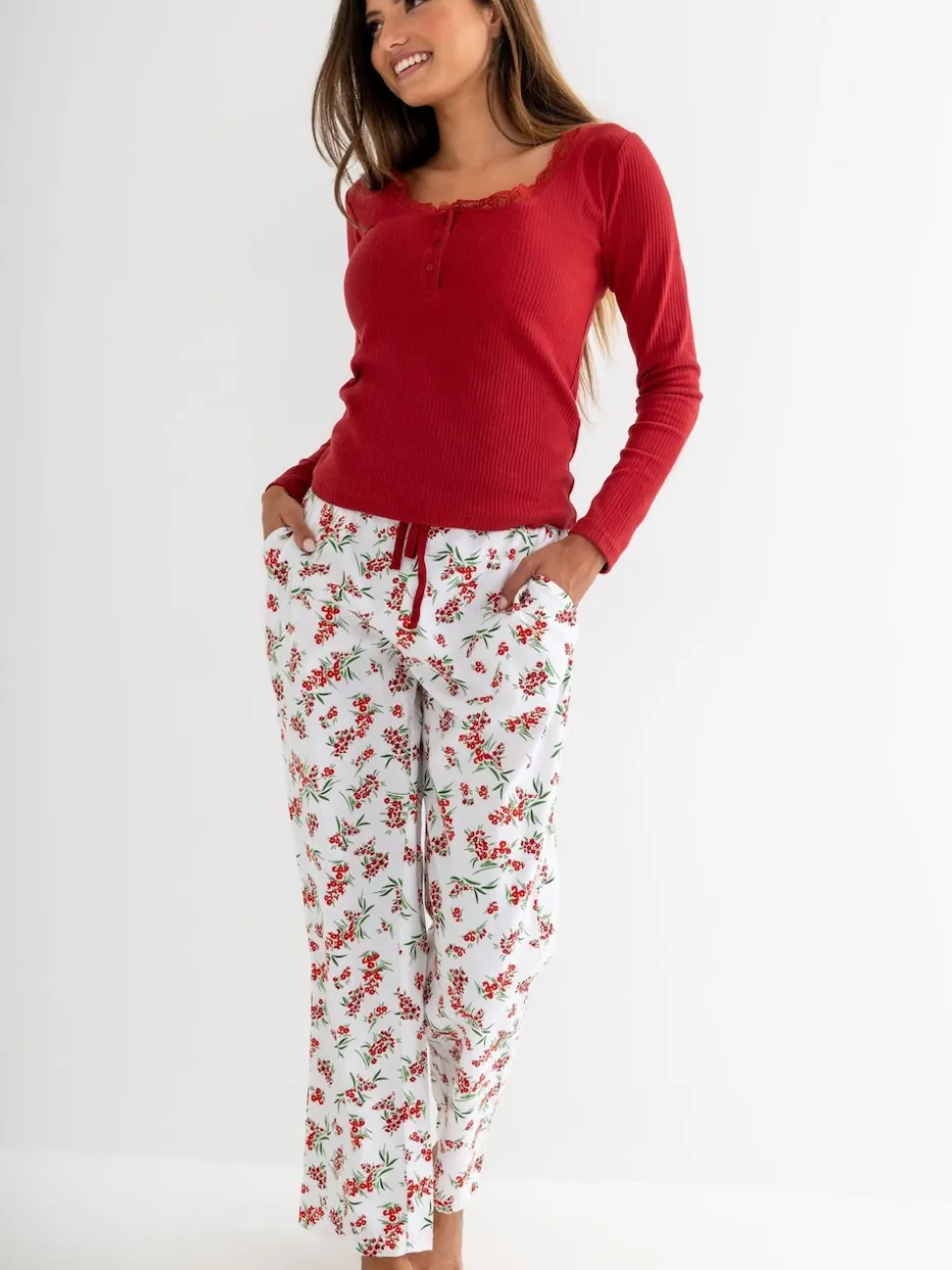 Pour Moi Red Rib Jersey Lace Trim Henley Top and Brushed Cotton Pyjamas Set