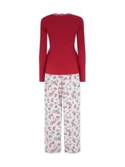 Pour Moi Red Rib Jersey Lace Trim Henley Top and Brushed Cotton Pyjamas Set