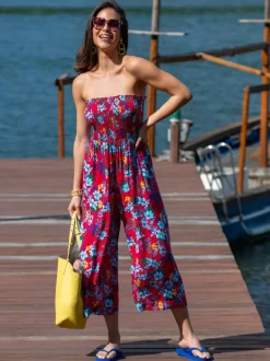 Pour Moi Red Strapless Shirred Bodice Crop Leg Beach Jumpsuit