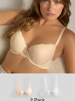 Praline Nude & White Push Up Plunge Lace Bras 2 Pack