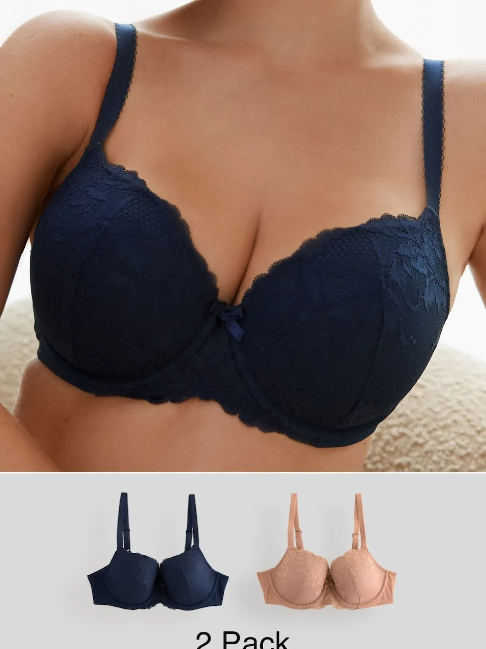 Praline Nude/Navy Pad Balcony DD+ Lace Bras 2 Pack