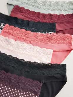 Printed Spot High Leg Cotton and Lace Knickers 7 Pack