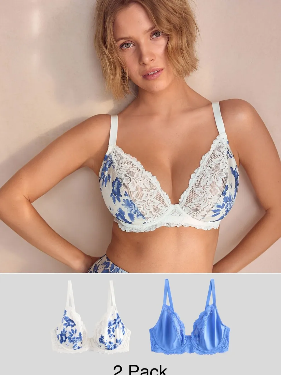 Print/Plain DD+ Non Pad Plunge Microfibre & Lace 2 Pack Bras
