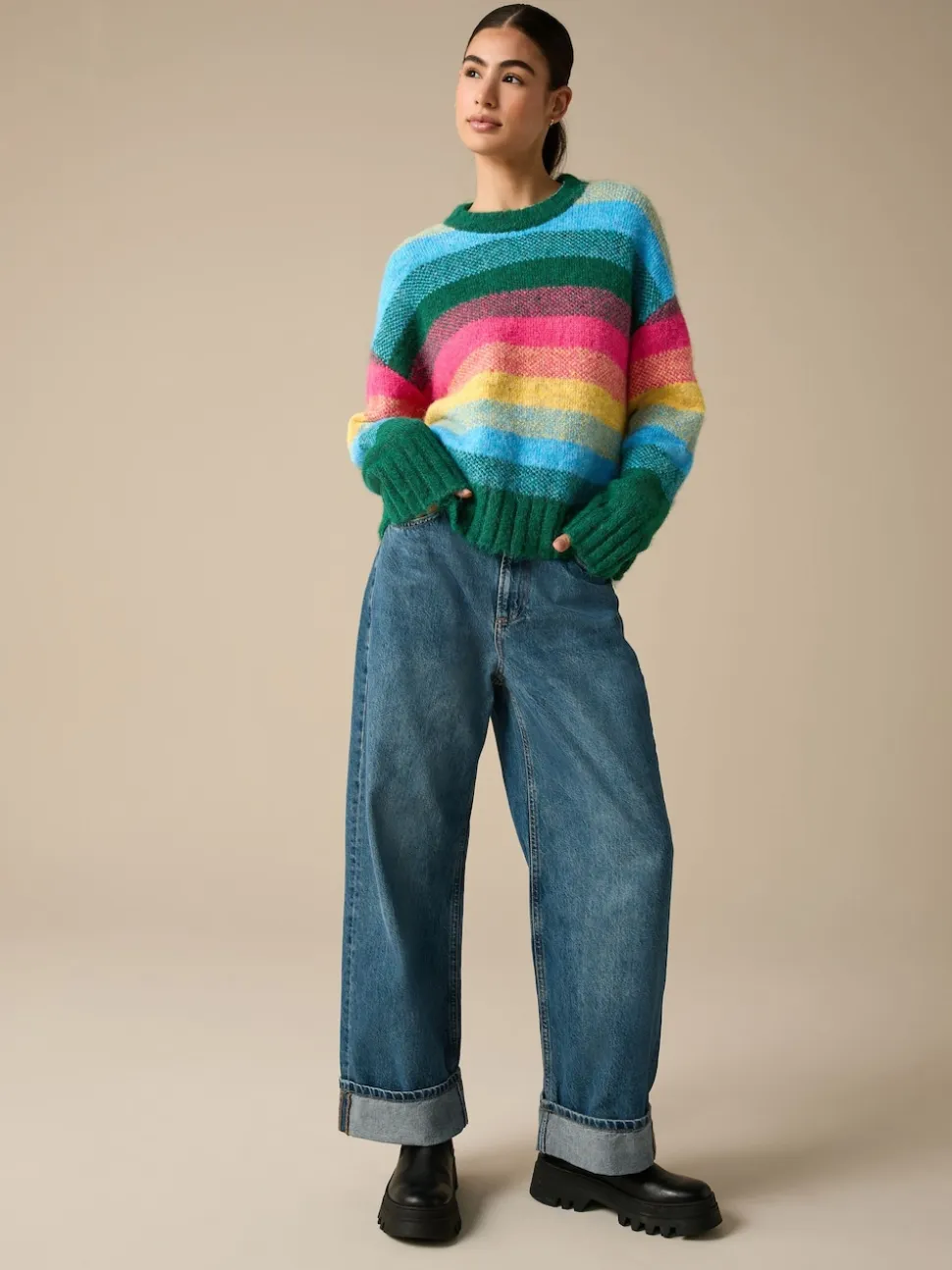 Rainbow Stripe Crew Neck Jumper With Wool