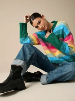 Rainbow Stripe Crew Neck Jumper With Wool