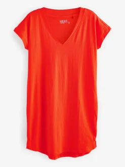 Red 100% Cotton Cap Sleeve V-Neck Mini Dress