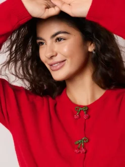 Red Cherry Buttons Crew Neck Knitted Cardigan With Wool