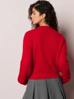 Red Cherry Buttons Crew Neck Knitted Cardigan With Wool