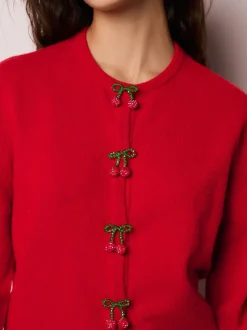 Red Cherry Buttons Crew Neck Knitted Cardigan With Wool