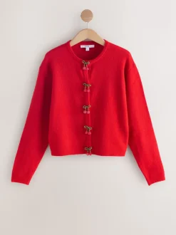 Red Cherry Buttons Crew Neck Knitted Cardigan With Wool