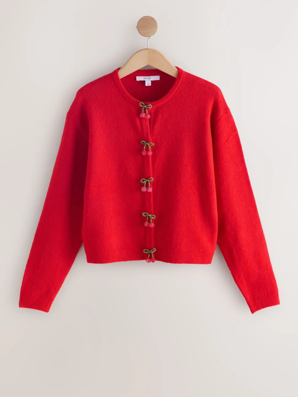 Red Cherry Buttons Crew Neck Knitted Cardigan With Wool