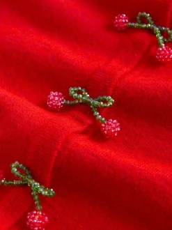 Red Cherry Buttons Crew Neck Knitted Cardigan With Wool