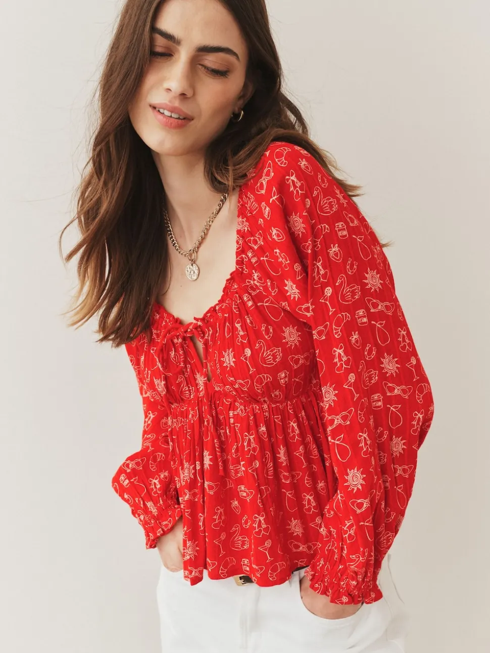 Red Conversational Print Long Sleeve Milkmaid Top