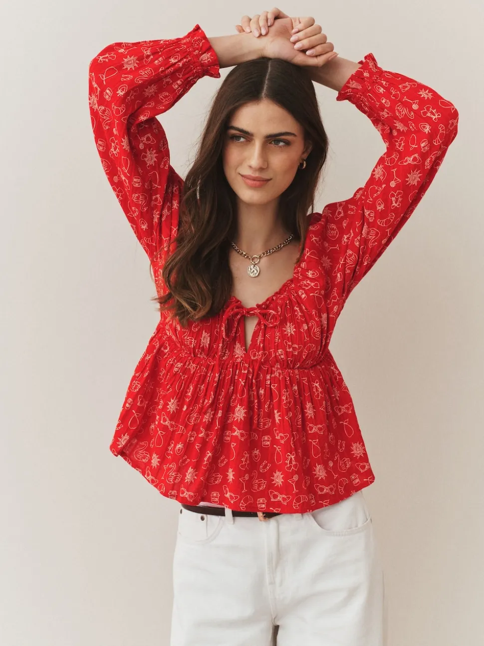 Red Conversational Print Long Sleeve Milkmaid Top