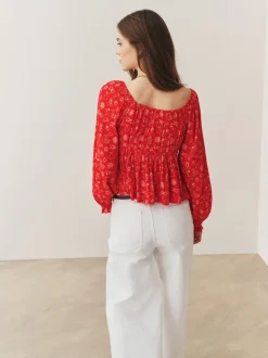 Red Conversational Print Long Sleeve Milkmaid Top