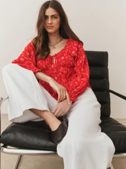 Red Conversational Print Long Sleeve Milkmaid Top