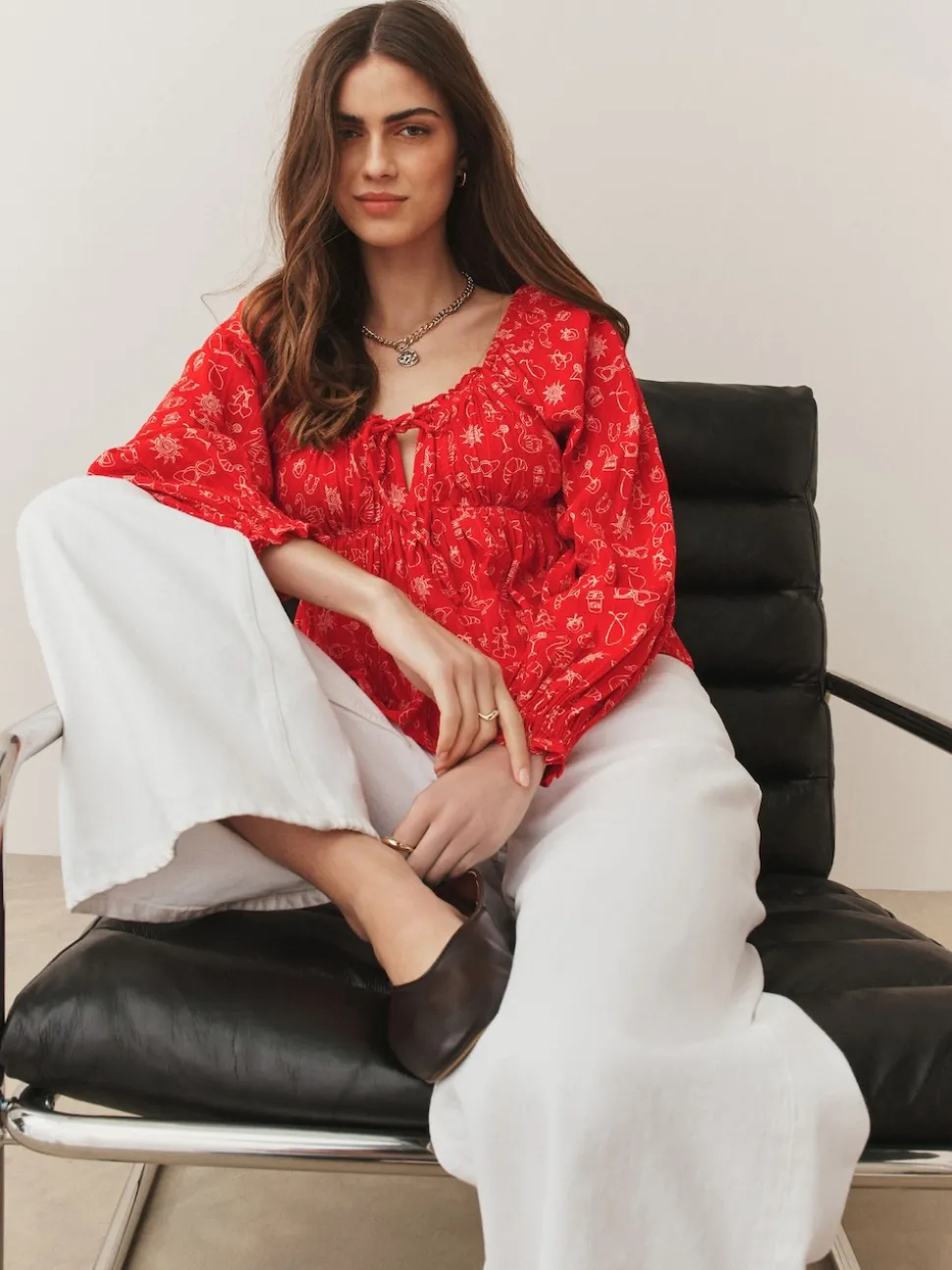Red Conversational Print Long Sleeve Milkmaid Top