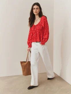 Red Conversational Print Long Sleeve Milkmaid Top