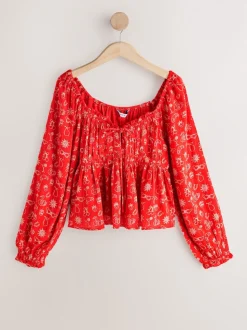 Red Conversational Print Long Sleeve Milkmaid Top