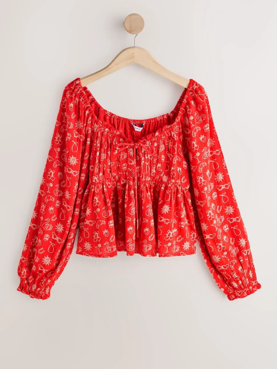 Red Conversational Print Long Sleeve Milkmaid Top