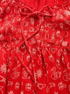 Red Conversational Print Long Sleeve Milkmaid Top