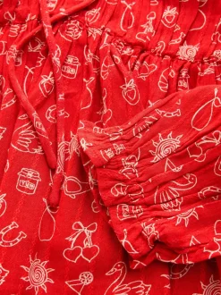 Red Conversational Print Long Sleeve Milkmaid Top