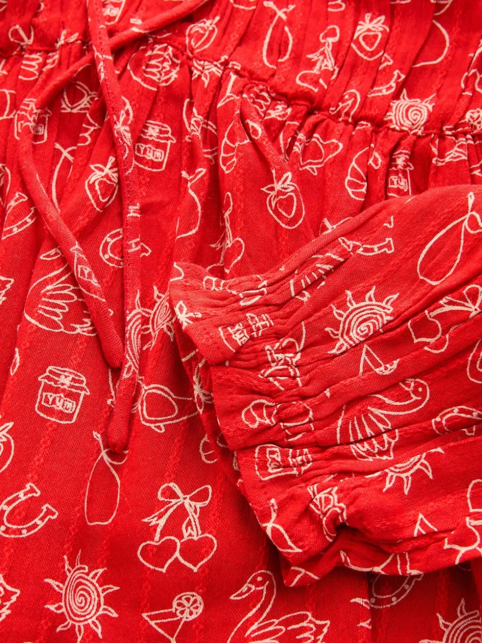 Red Conversational Print Long Sleeve Milkmaid Top