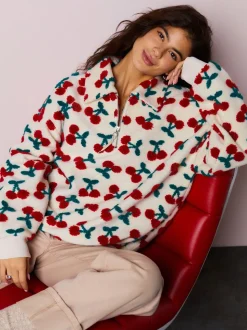 Red Ecru White Borg Cherry Graphic Zip Neck Fleece