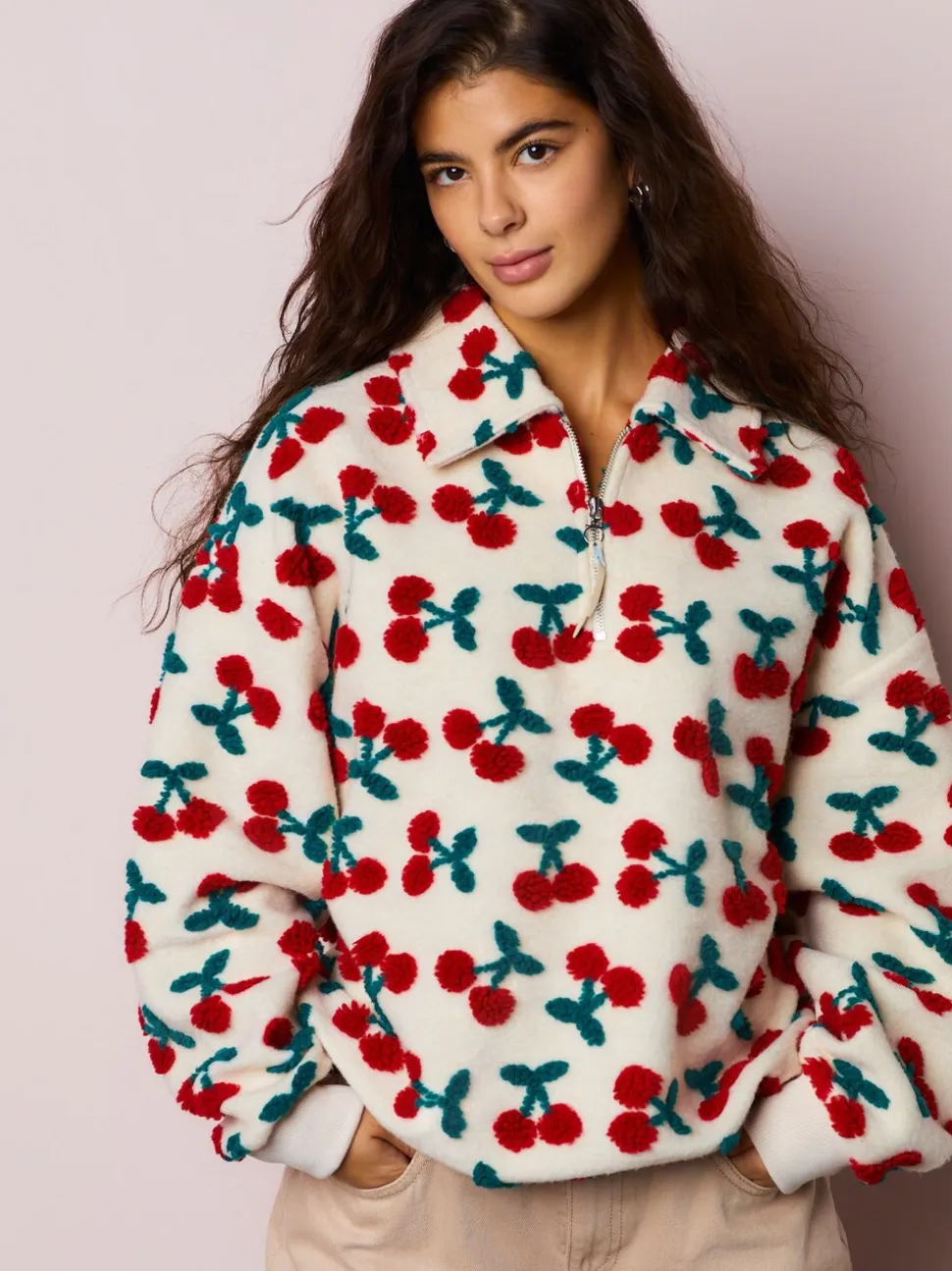 Red Ecru White Borg Cherry Graphic Zip Neck Fleece