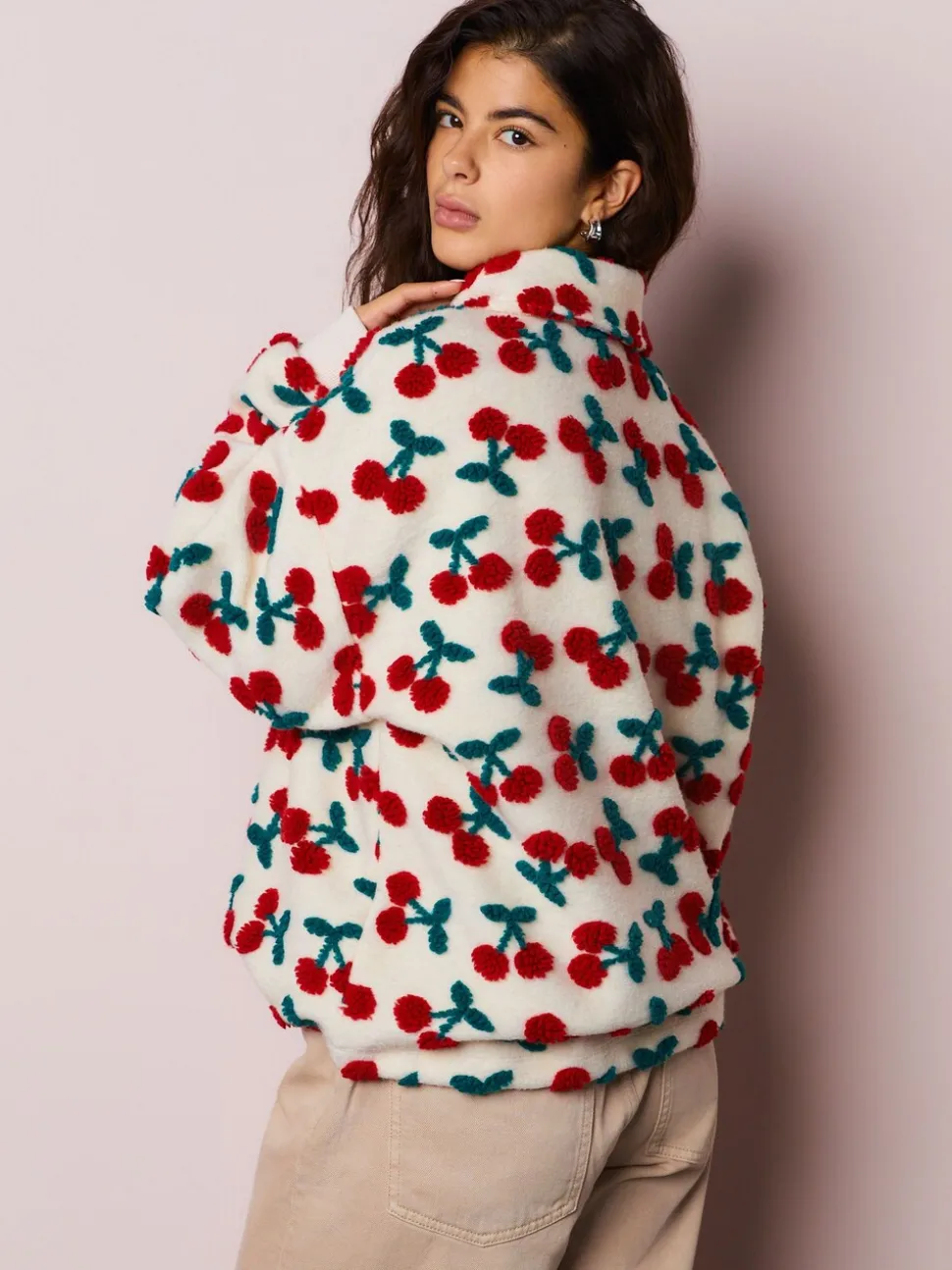 Red Ecru White Borg Cherry Graphic Zip Neck Fleece