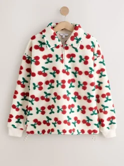 Red Ecru White Borg Cherry Graphic Zip Neck Fleece