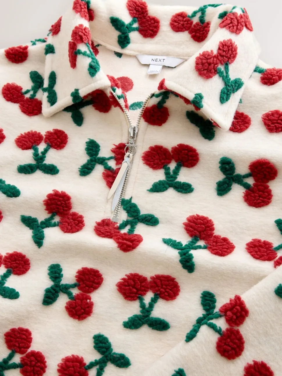 Red Ecru White Borg Cherry Graphic Zip Neck Fleece