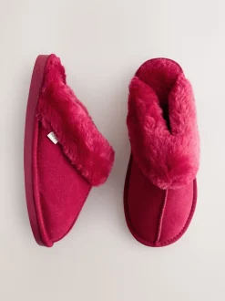 Red Faux Fur Lined Suede Mule Slippers