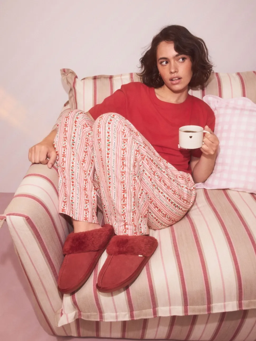 Red Faux Fur Lined Suede Mule Slippers