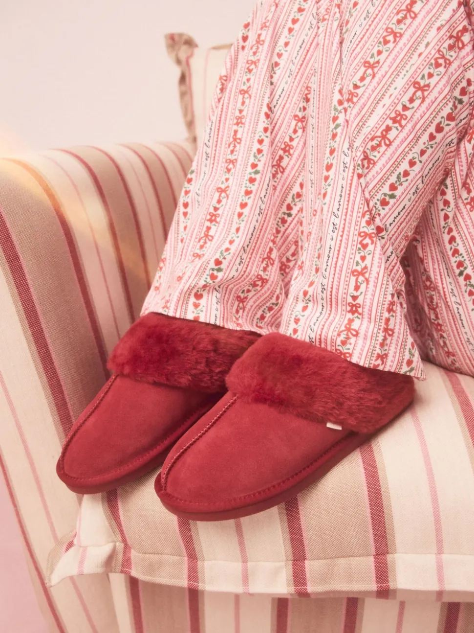 Red Faux Fur Lined Suede Mule Slippers