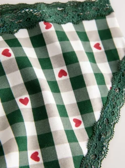Red Heart/Green Check Bikini Cotton Lace Knickers 4 Pack