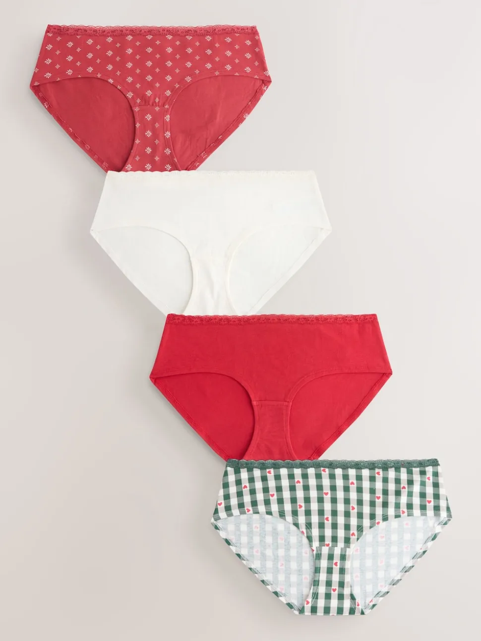 Red Heart/Green Check Short Cotton Lace Knickers 4 Pack