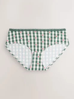 Red Heart/Green Check Short Cotton Lace Knickers 4 Pack