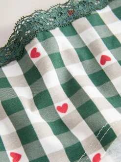 Red Heart/Green Check Short Cotton Lace Knickers 4 Pack