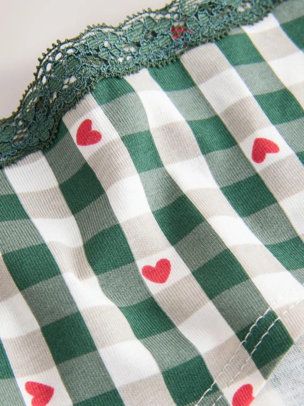 Red Heart/Green Check Short Cotton Lace Knickers 4 Pack