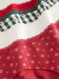 Red Heart/Green Check Short Cotton Lace Knickers 4 Pack