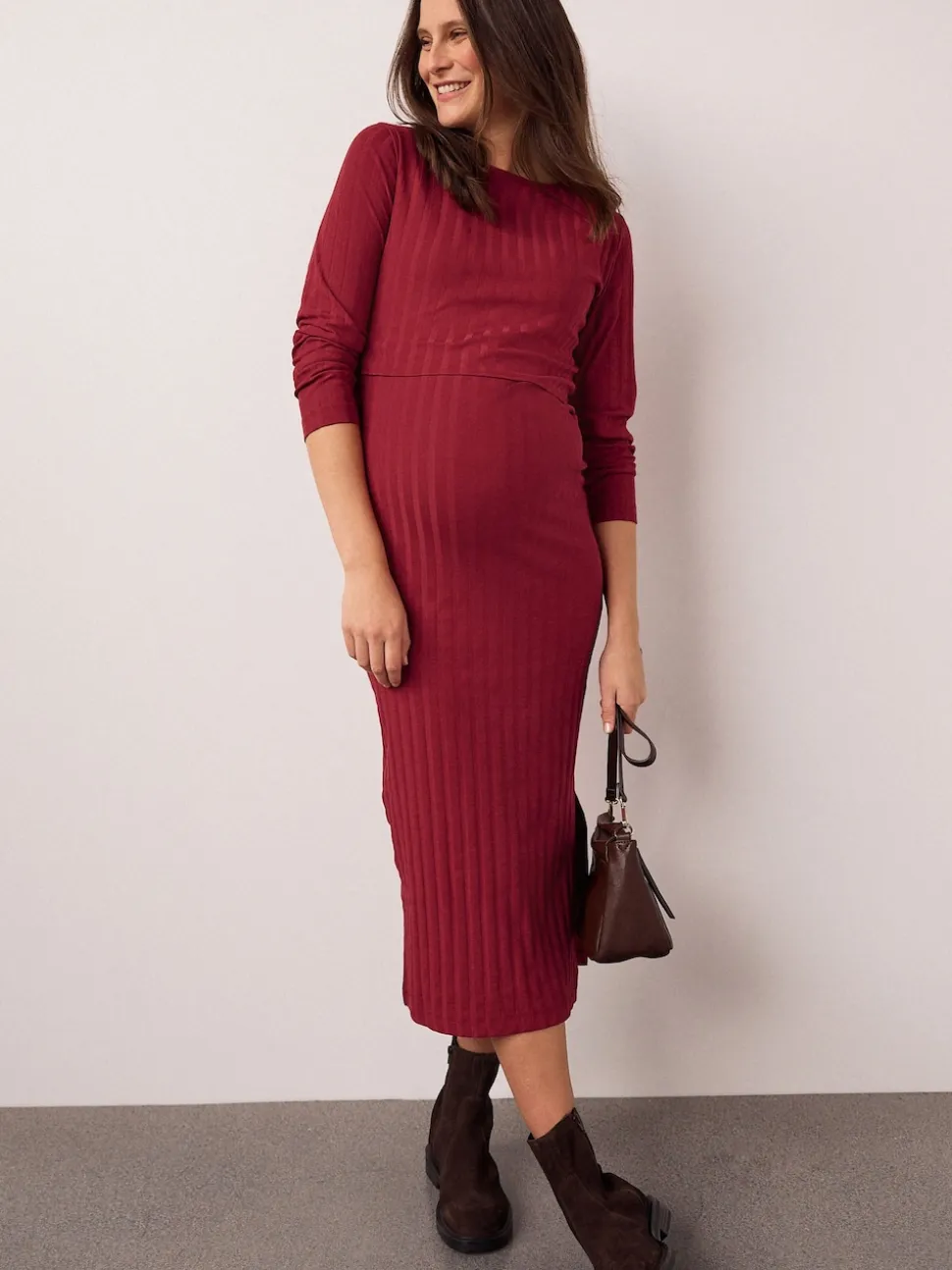Red Maternity Long Sleeve Nursing Shelf Dress