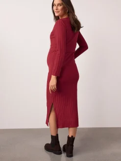 Red Maternity Long Sleeve Nursing Shelf Dress