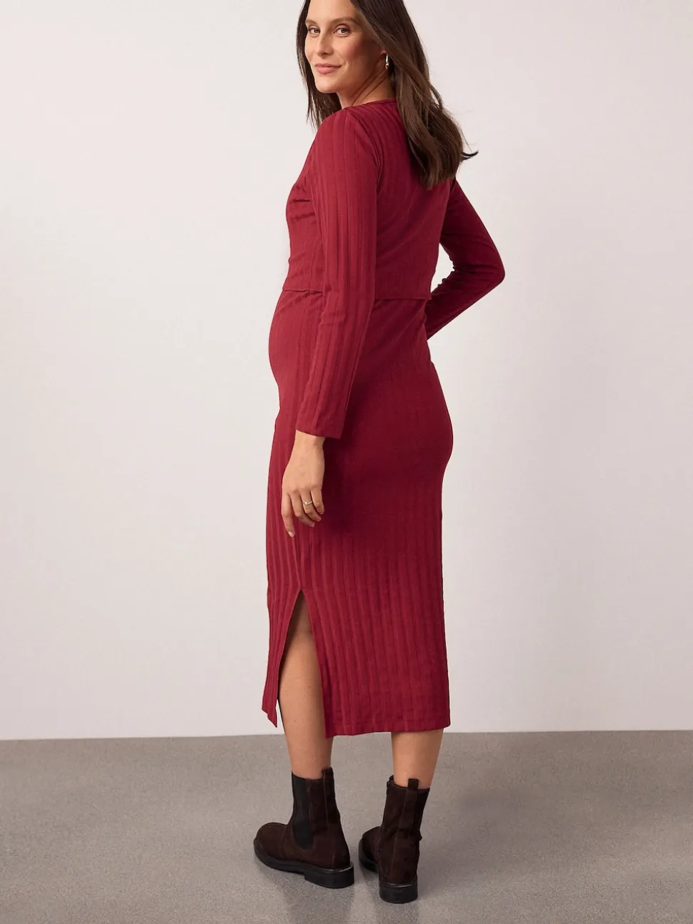 Red Maternity Long Sleeve Nursing Shelf Dress